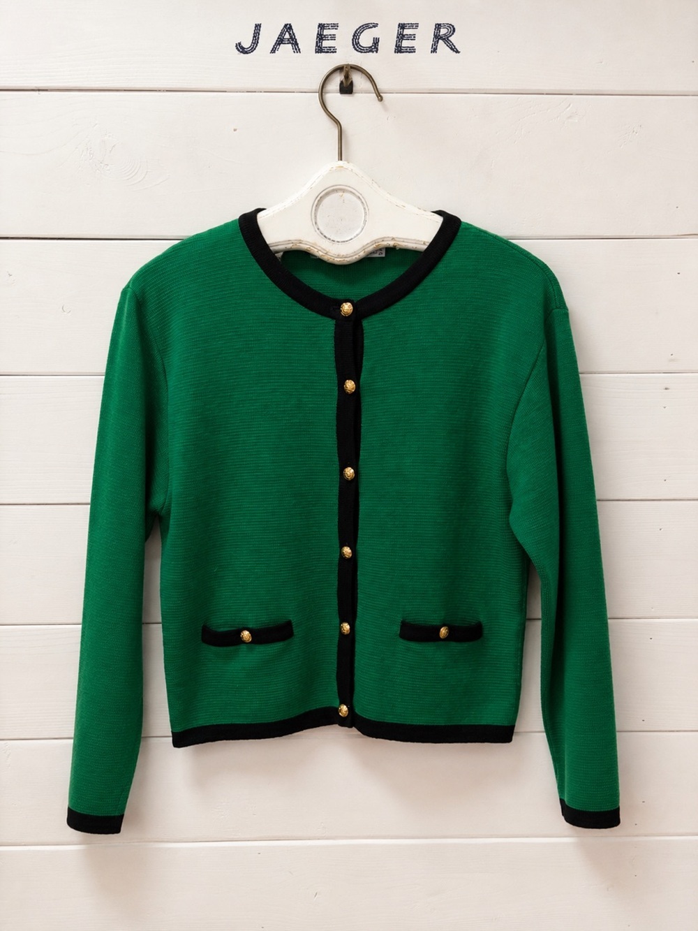 Jaeger Vintage Green Wool Cardigan – Made in Great Britain – Estimated Size M